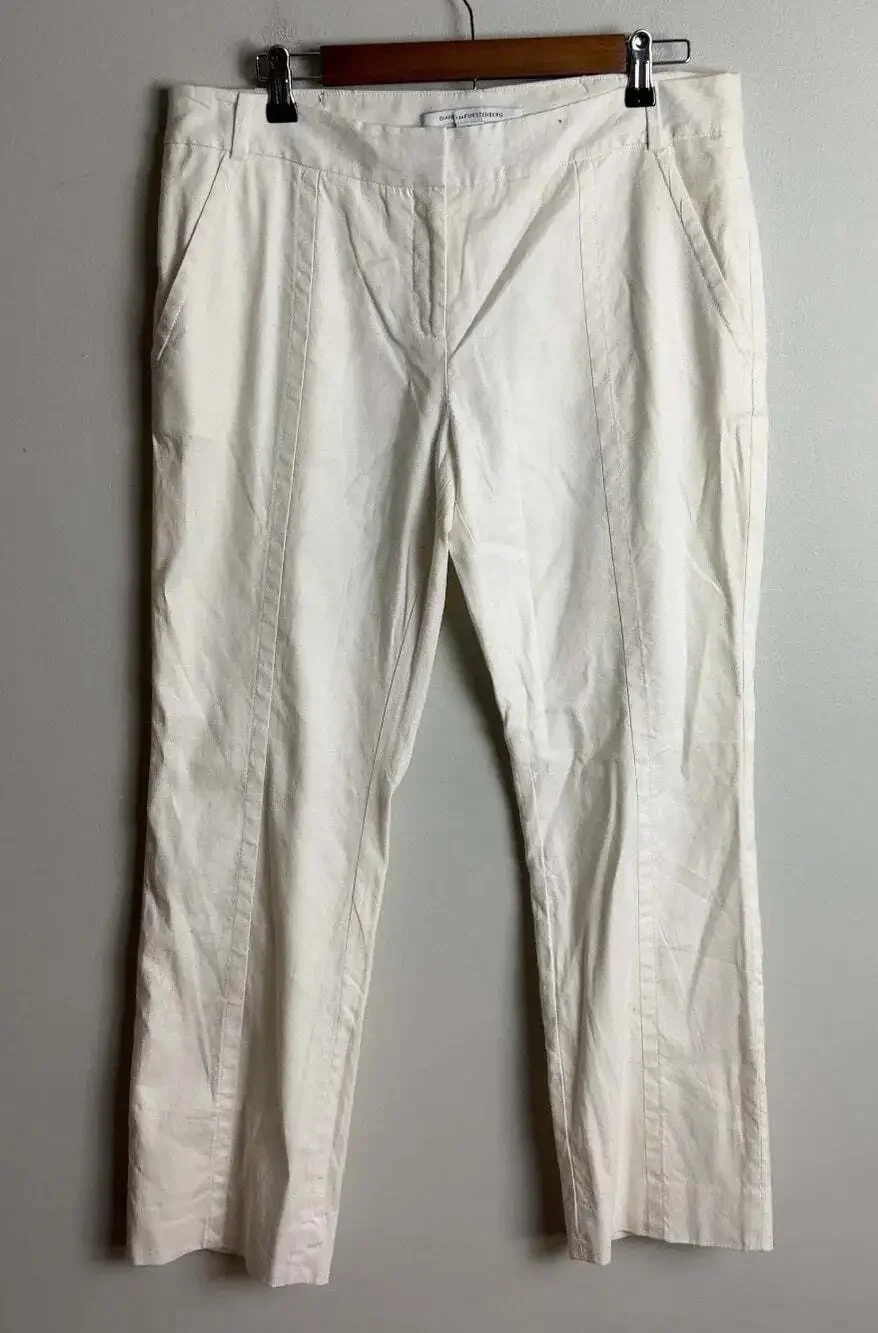 DVF Diane von Furstenberg White Carissa Linen Blend Trousers Size 12 Women’s
